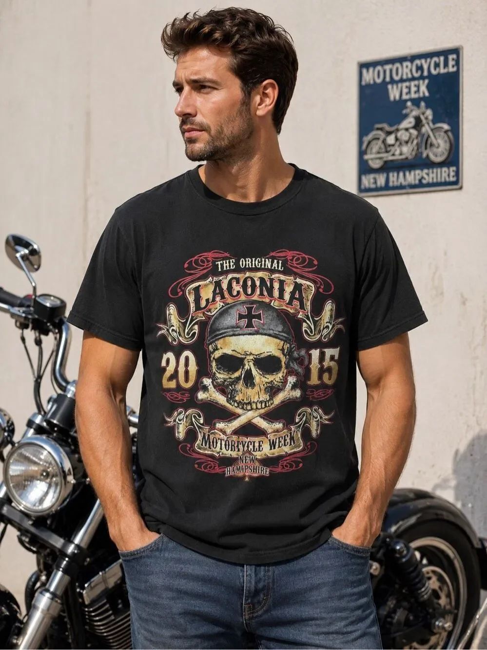 Laconia Motorcycle Week 2015 Skull Biker Graphic T Shirt Black Gildan XL